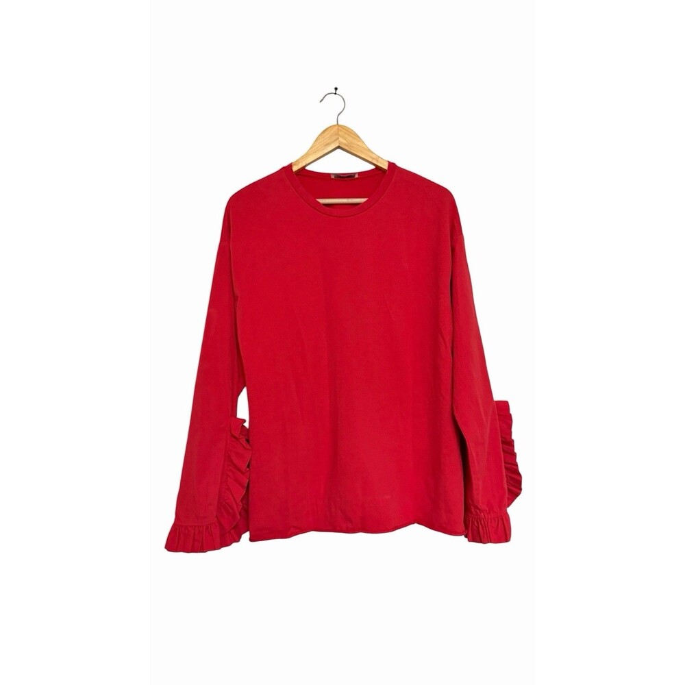 Zara Trafaluc Women’s Top Red Color With Frill Sleeve Crew Neck Size Medium